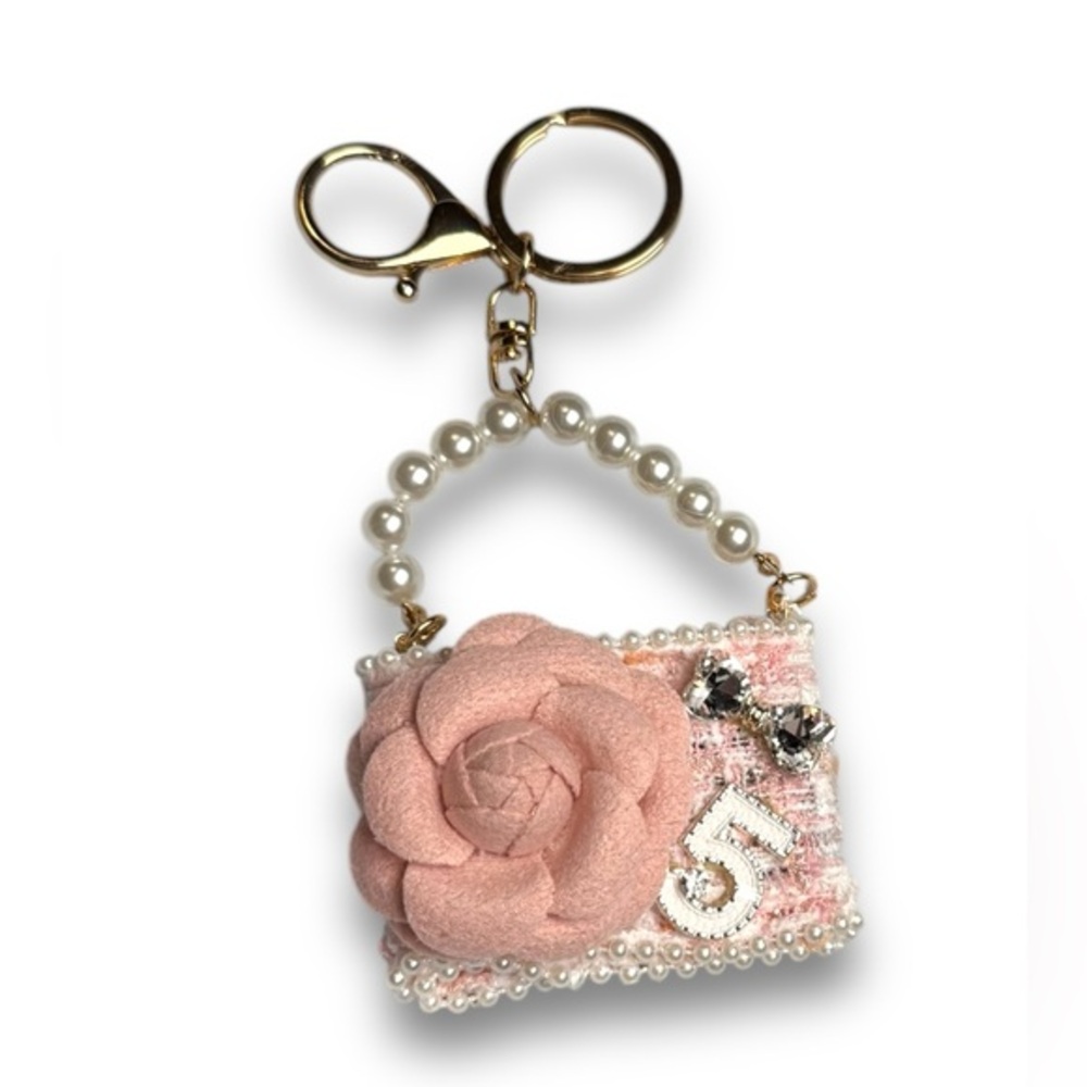 Boucle plaid pearl rose bag charm